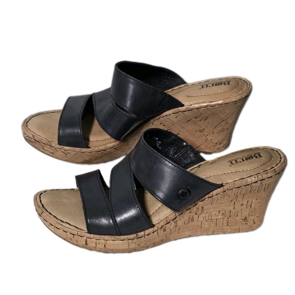 Born Womens Size 9 M Leather Cork Wedge Sandals Navy Blue Strap Platform